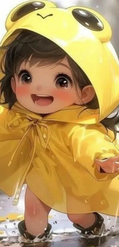 Cute anime child in yellow raincoat splashing in rain.