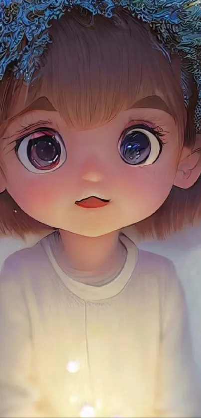 Cute anime child with big eyes and floral crown design.