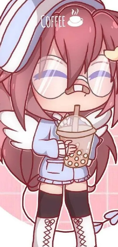 Cute anime character with bubble tea and wings in pastel colors.