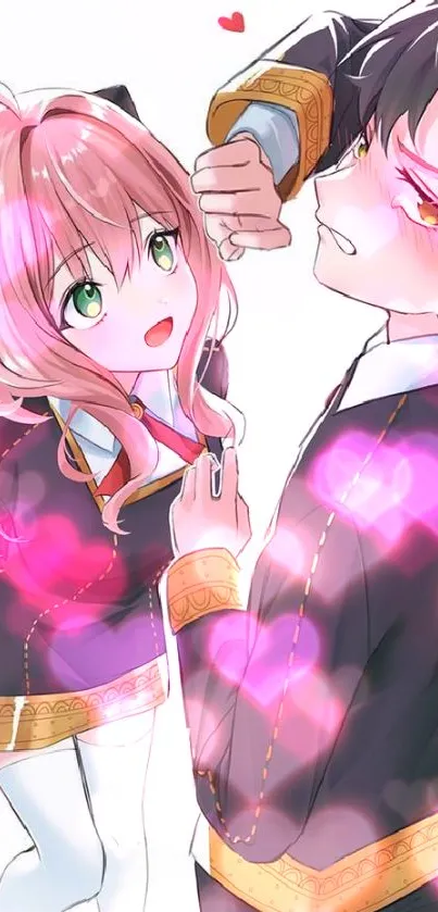 Cute anime couple with pink hair and black outfit in romantic setting.