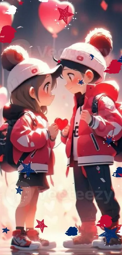 Anime couple holding a heart with stars and balloons around.