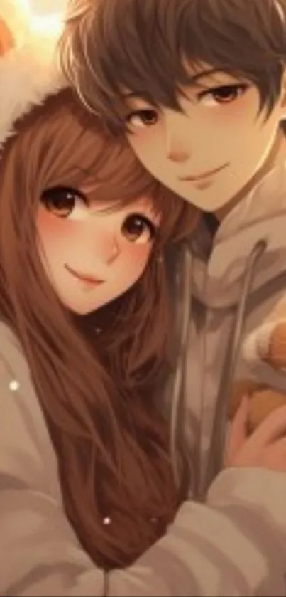 Cute anime couple in cozy clothing sharing a warm moment.
