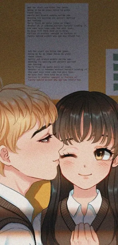 Anime couple in cozy, warm-toned wallpaper.