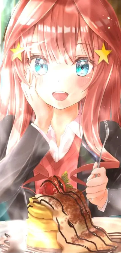 Anime girl enjoying dessert in vibrant setting.