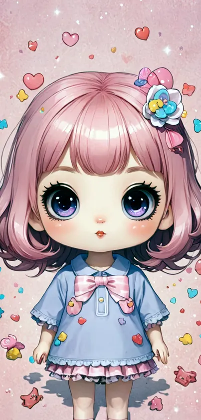 Cute anime doll with pink hair on a pink background.