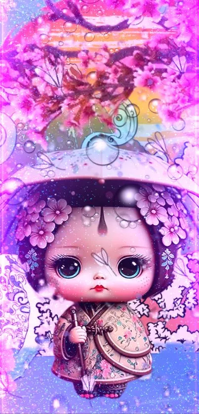 Cute anime doll with cherry blossom background in colorful hues.