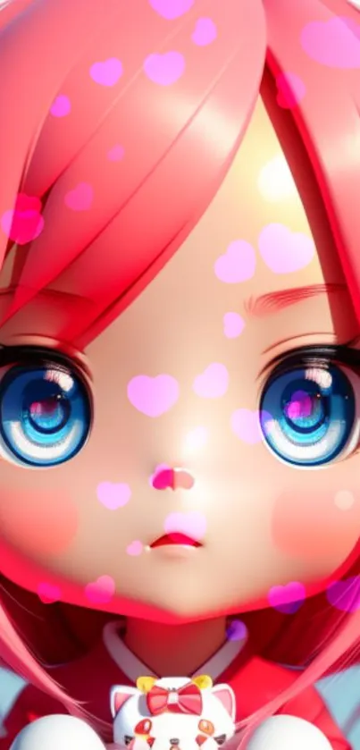 Cute anime doll with pink hair, blue eyes, and heart motifs.