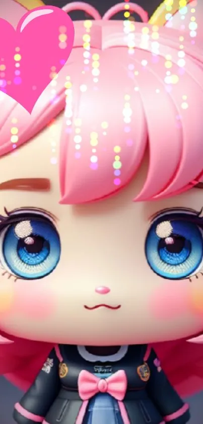 Cute anime doll with pink hair and sparkling eyes on mobile wallpaper.