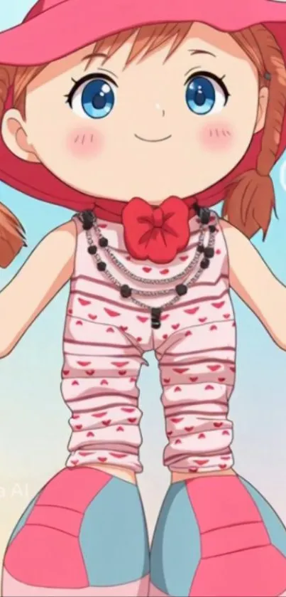 Anime doll with pink hat and braided hair in colorful setting.
