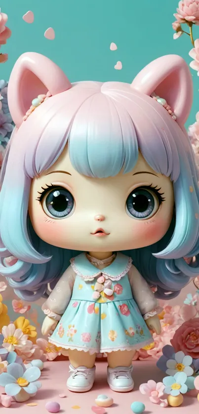 Cute pastel anime doll with floral background.