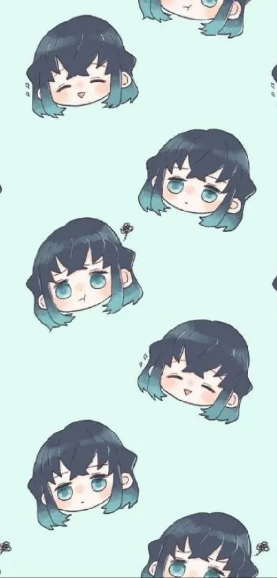 Cute anime faces pattern on a light cyan background for mobile wallpaper.