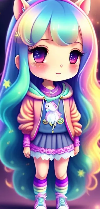 Rainbow-haired anime girl with unicorn theme in a colorful, magical setting.