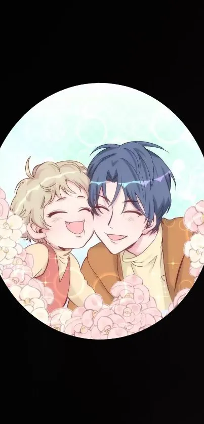 Cute anime father and child with floral background in circular frame.