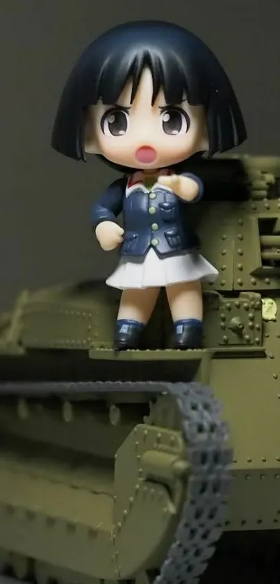 Anime figure on an olive green tank model.