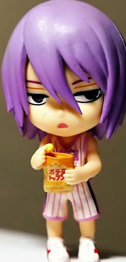 Anime figure with purple hair holding a snack.