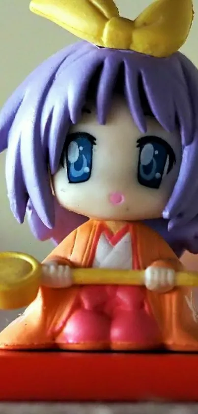 Cute anime figure with purple hair and expressive eyes on wallpaper.