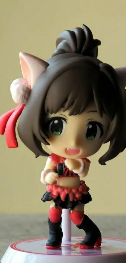 Chibi anime figure with cat ears in vibrant attire on a beige background.