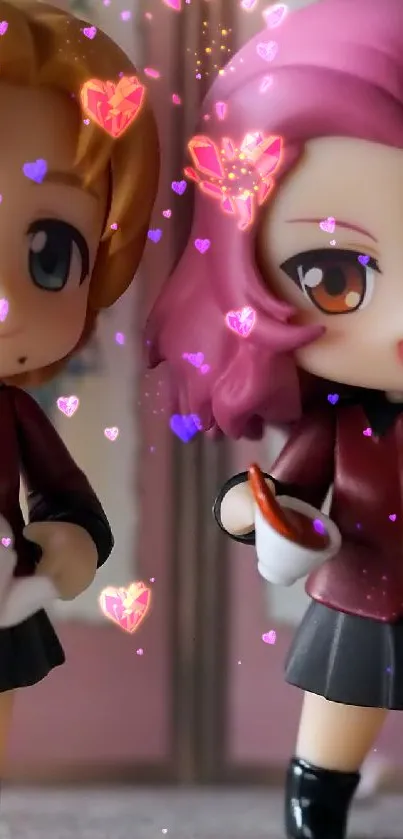 Two cute anime figures on a decorative background.