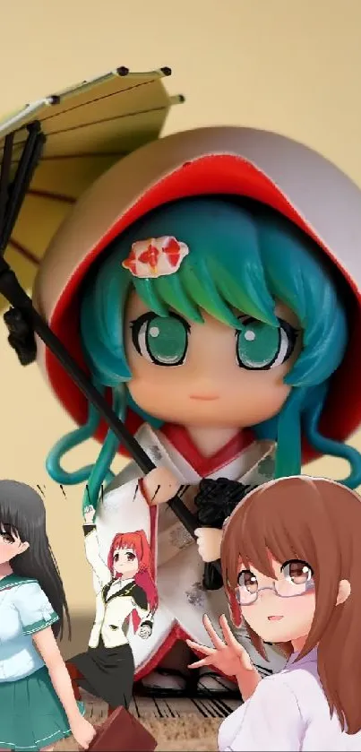 Cute anime figurine wallpaper with vibrant colors and charming characters.