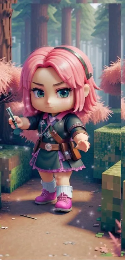 Anime character with pink hair in a magical forest.