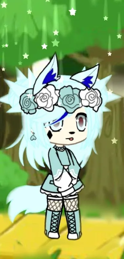 Anime character with blue hair in a fantasy forest background.