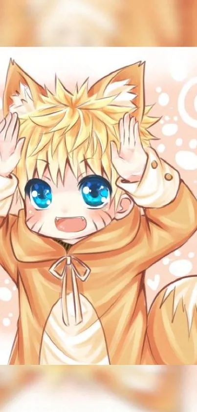 Anime fox boy with blue eyes and fox ears on a light orange background.