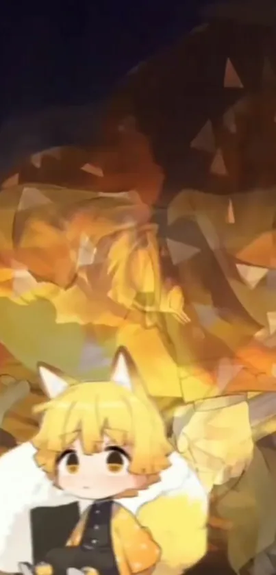 Anime fox character in yellow tones with abstract background.