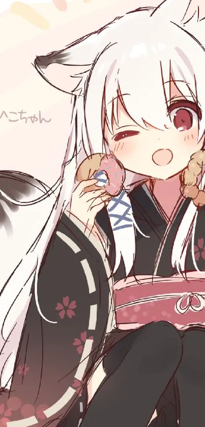 Cute anime fox girl in a kimono holding snacks, with a light pink background.