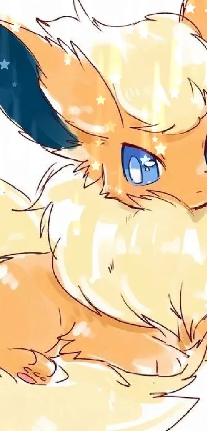 Cute anime fox with blue eyes and fluffy fur on a pale orange background.