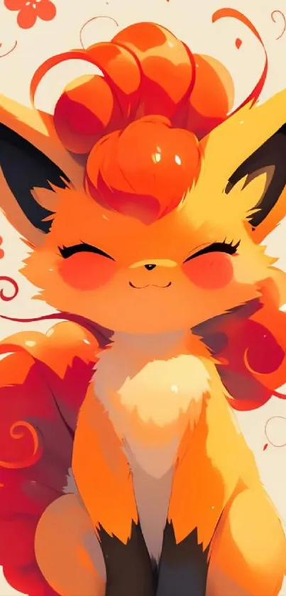 Cute anime fox with vibrant orange fur and flowers.