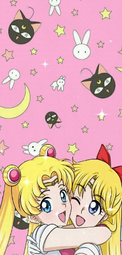 Anime friends hugging on pink wallpaper with stars and moons.