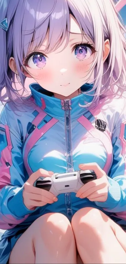 Anime girl with purple hair and controller, vibrant mobile wallpaper.