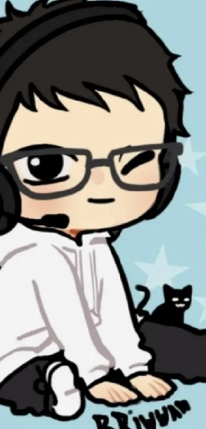 Cartoon gamer wearing headphones with a black cat on a blue background.