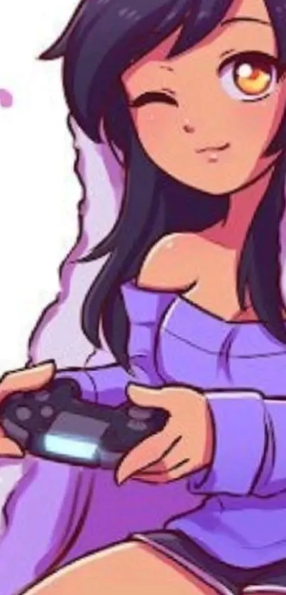 Anime girl with controller and wink in lavender.