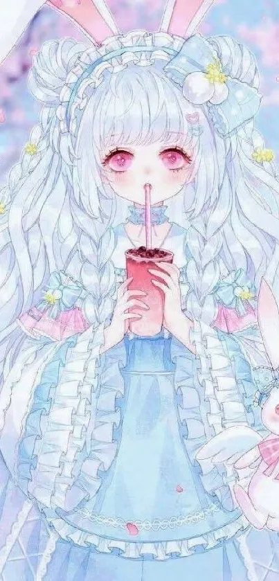 Pastel anime girl with bunny ears holding a drink, surrounded by flowers.