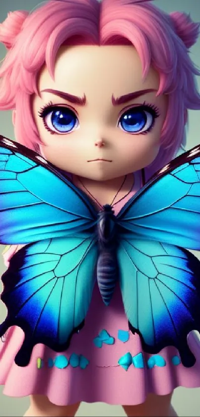 Cute anime girl with pink hair and blue butterfly mobile wallpaper.