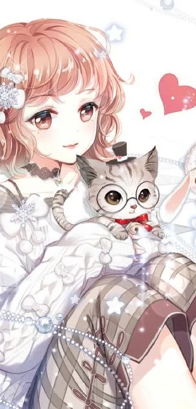 Cute anime girl holding a cat with heart and stars.