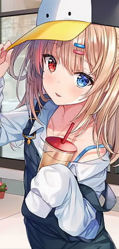 Anime girl with dual-colored eyes holding a drink.