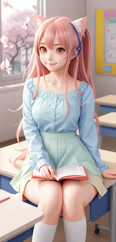 Anime girl with pink hair in a pastel classroom setting, holding a book.