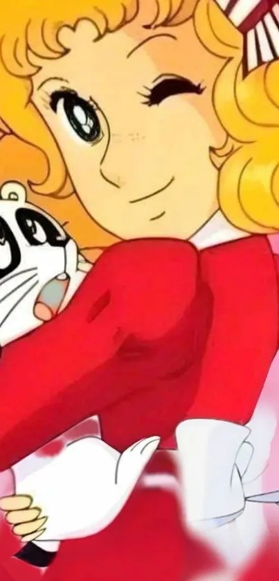 Anime girl in red dress hugging a panda toy.