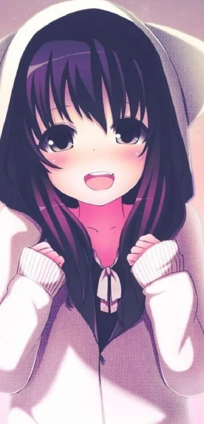 Cute anime girl with a smiling expression wearing a hoodie in pastel pink tones.