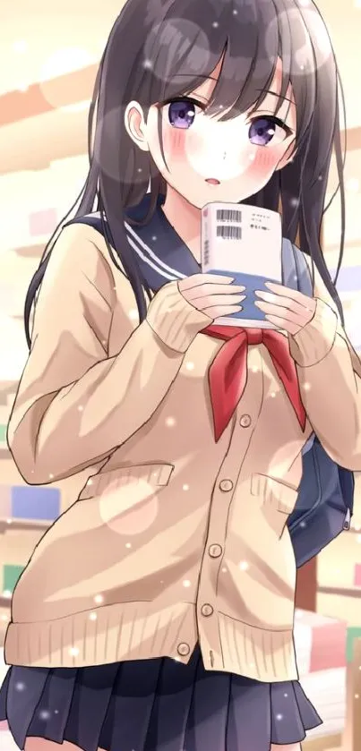 Anime girl in library with books, wearing a school uniform and holding a book.