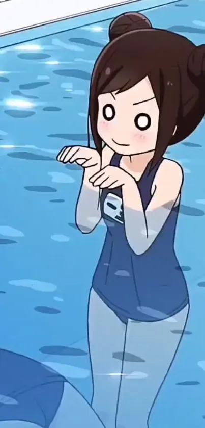 Cute anime girl in pool with blue water.