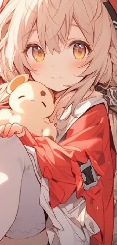 Cute anime girl in red with teddy bear, mobile wallpaper.