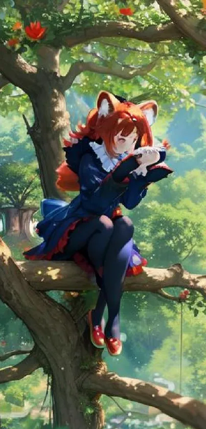 Anime girl sitting on a tree branch, surrounded by lush greenery.