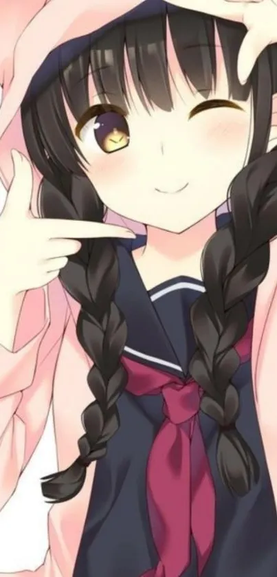 Anime girl in pink hoodie with braids, winking and posing.