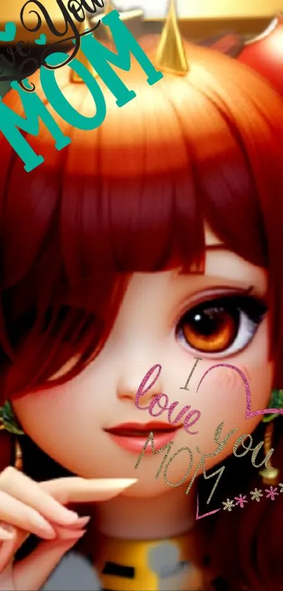 Cute anime girl with "I Love You Mom" message in vibrant colors.