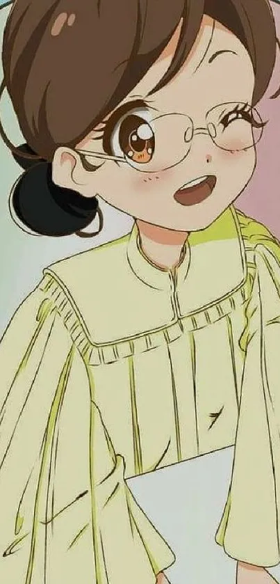Cute anime girl with glasses in pastel colors.