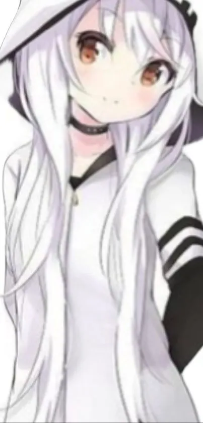 Anime girl with long white hair and hoodie in kawaii style.