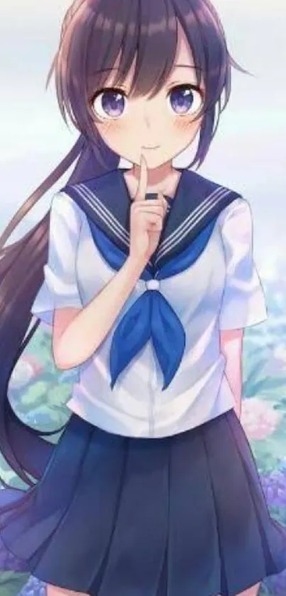 Anime girl in sailor outfit with floral background.